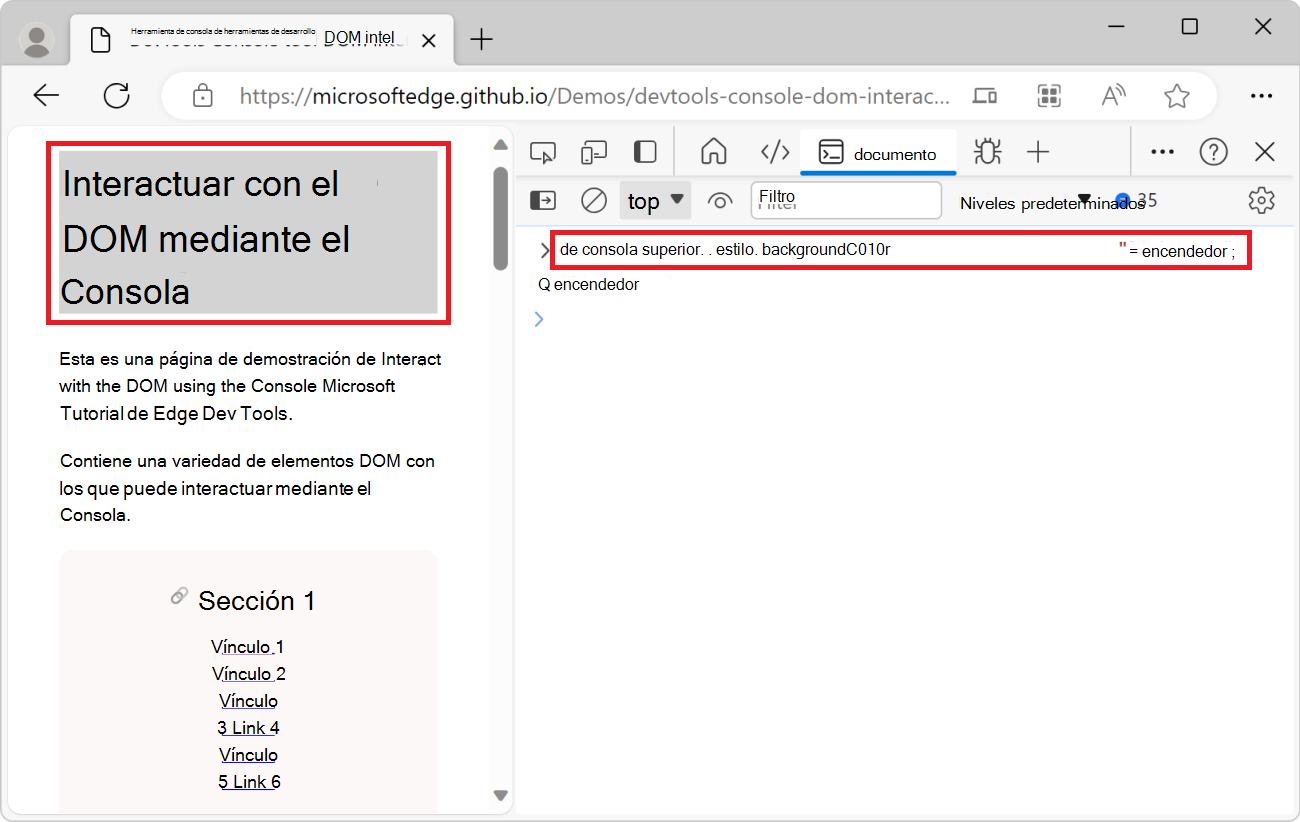 La herramienta Consola, que muestra el código JavaScript anterior, y la página web que muestra el título gris