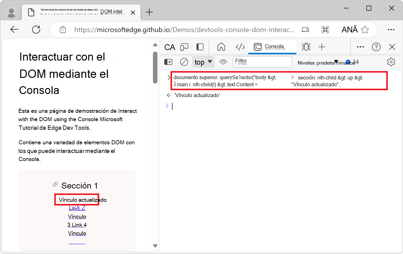La herramienta Consola, con la ruta de acceso js y la expresión textContent, y la página web, que muestra el texto del vínculo actualizado