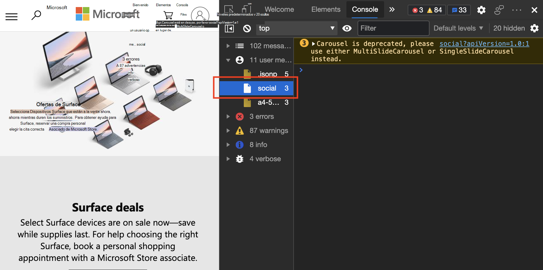 Seleccione cualquiera de las opciones reveladas para filtrar los mensajes por tipo de mensaje y origen.
