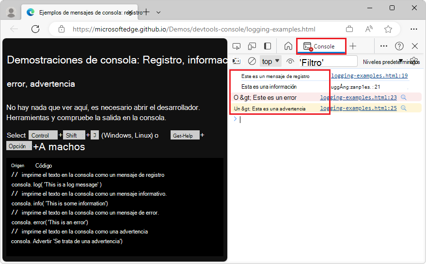 La consola muestra los mensajes de las distintas API de registro
