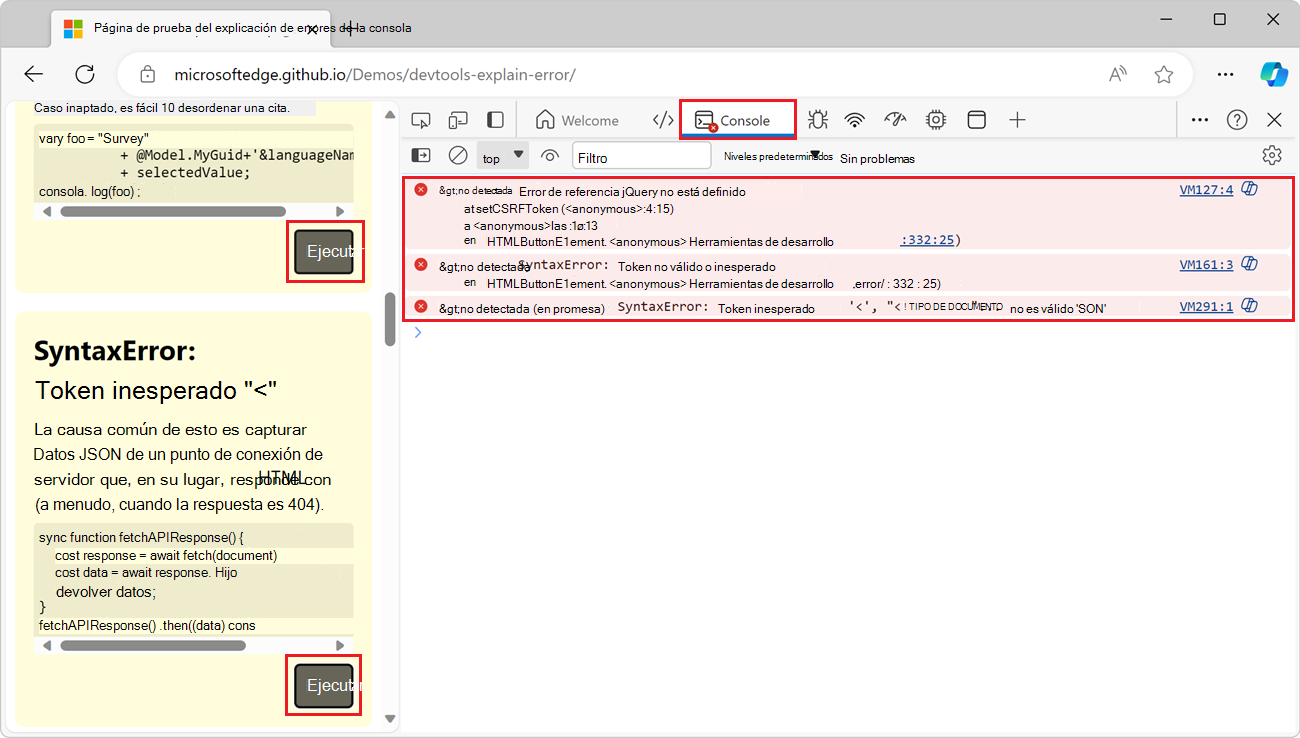 La página web de demostración de Edge, con la consola de DevTools junto a ella, que muestra algunos mensajes de error