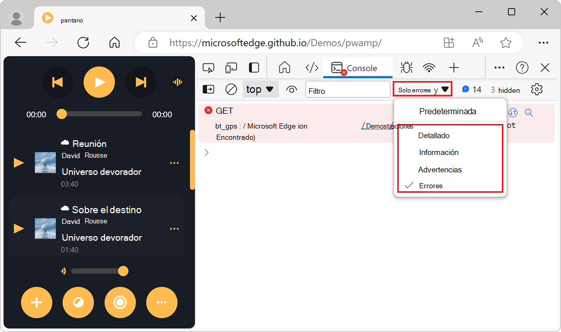 Lista desplegable Niveles de registro