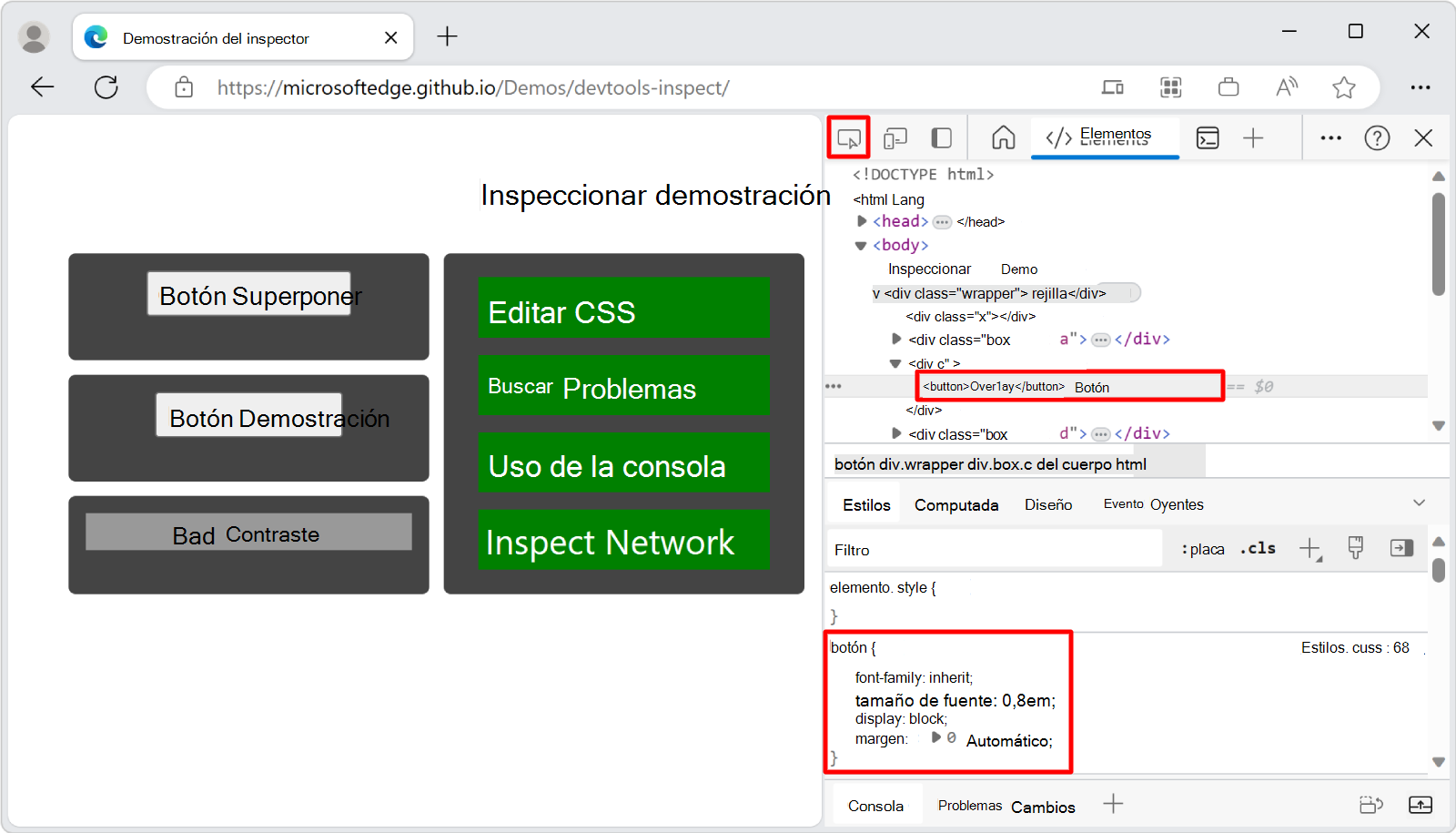 Al hacer clic en un elemento de la página representada, la herramienta Estilos muestra los estilos que se aplican al elemento