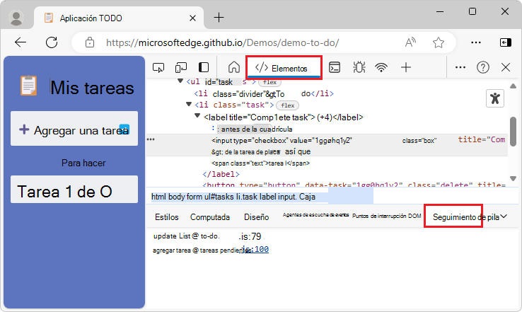 Pestaña Seguimiento de pila en la herramienta Elementos