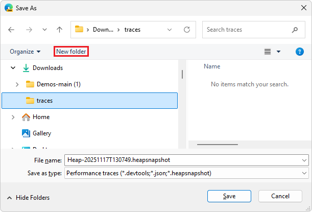 El cuadro de diálogo Guardar como en Windows, que muestra el archivo de seguimiento de memoria que se guarda en una carpeta de seguimientos