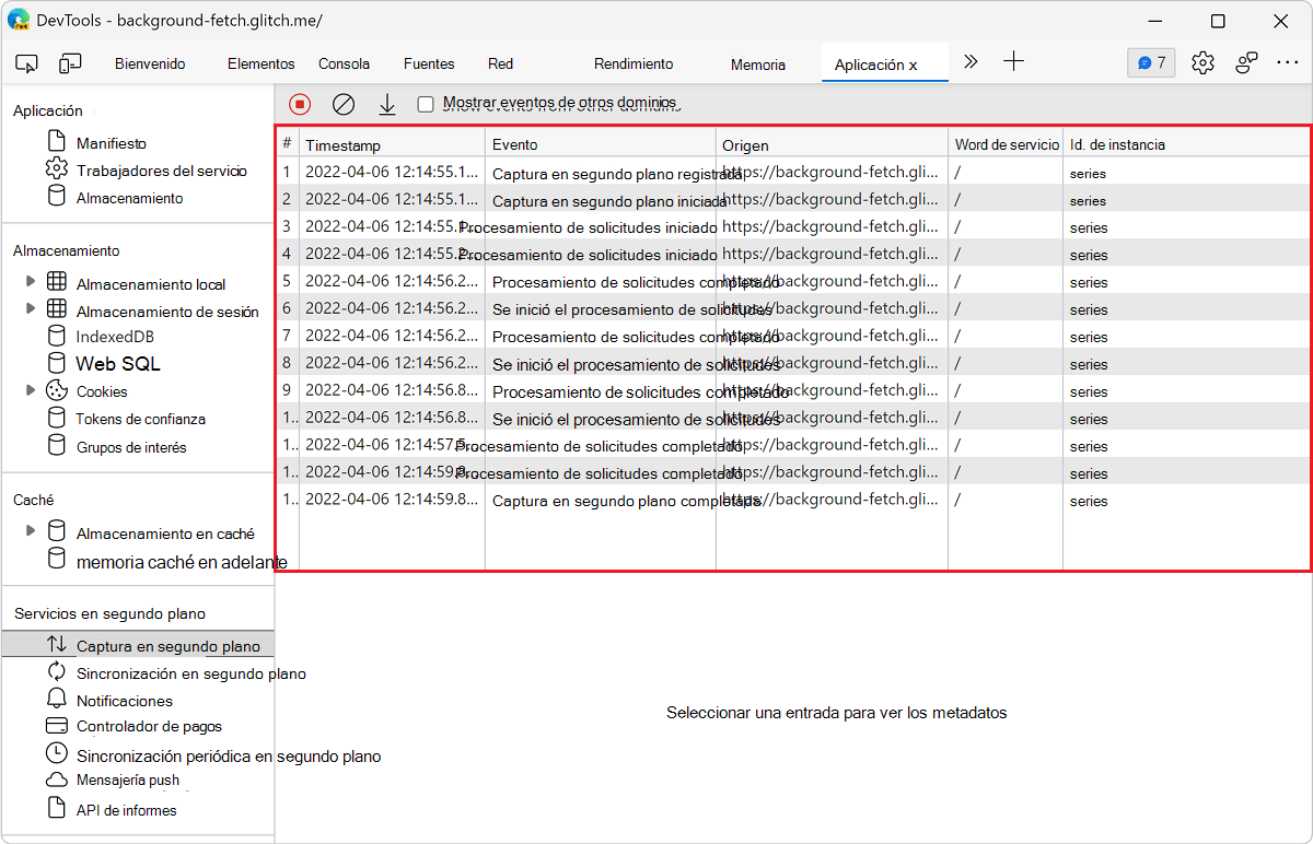 Registro de eventos en el panel Captura en segundo plano