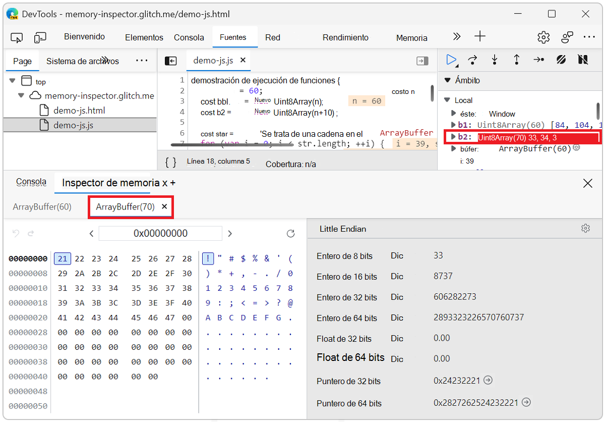 Se abren dos pestañas ArrayBuffer en el panel Inspector de memoria