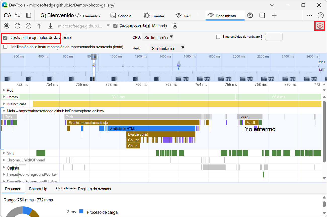 Ejemplo de una grabación cuando se deshabilitan los ejemplos de JS.
