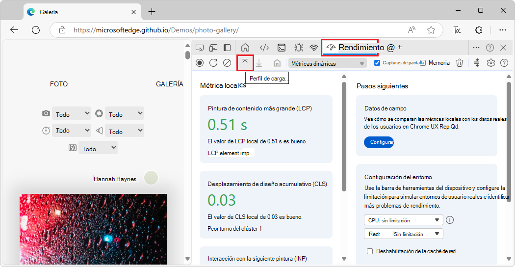 Botón Cargar seguimiento mediante el botón de la barra de acciones
