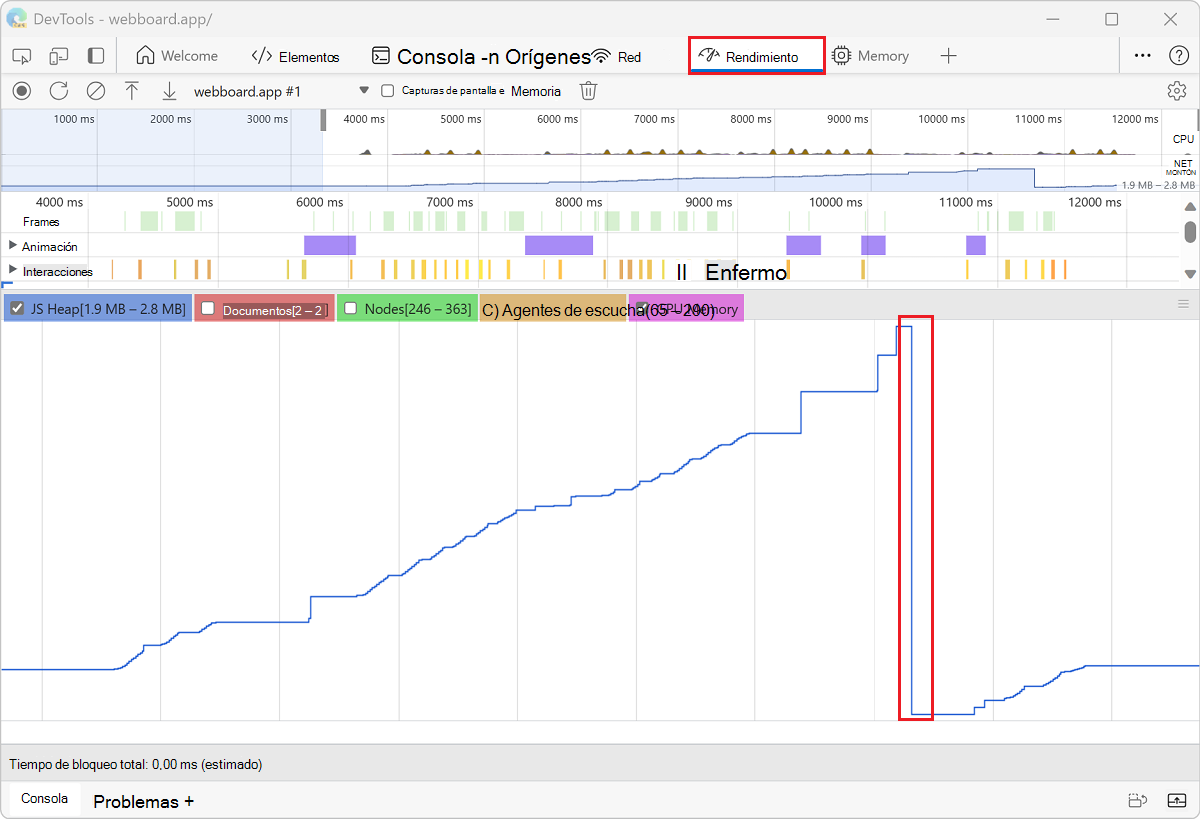 Operación gc que se muestra en la herramienta Rendimiento