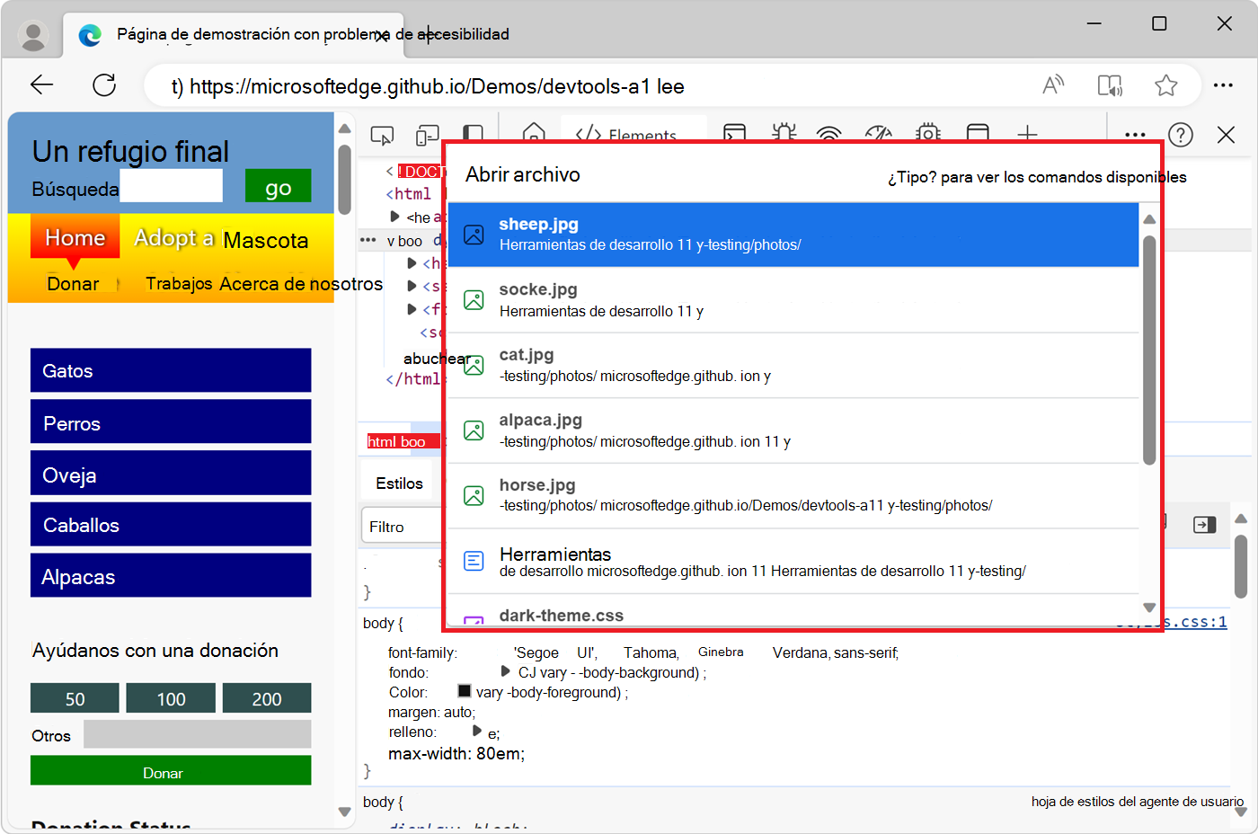 Menú Comando, que muestra la lista Abrir archivo