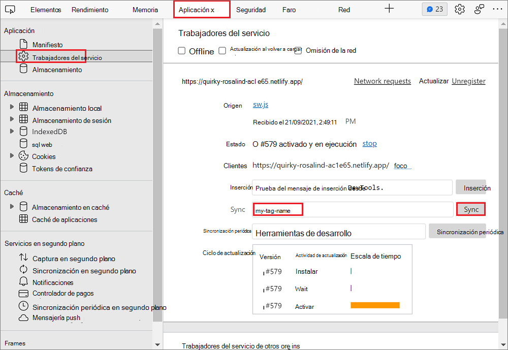 Simulación de una sincronización en segundo plano en el panel Aplicación