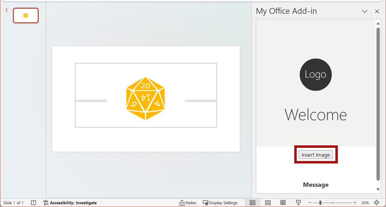 El complemento de PowerPoint con el botón Insertar imagen resaltado.