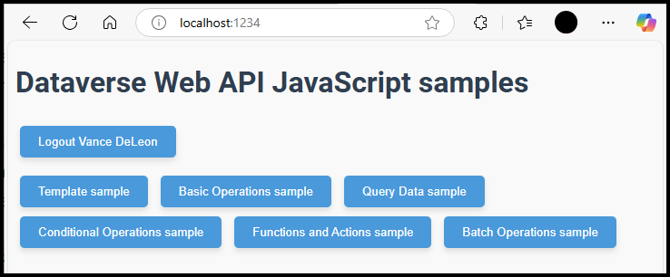 La aplicación de ejemplo de SPA con botones para ejecutar ejemplos disponibles