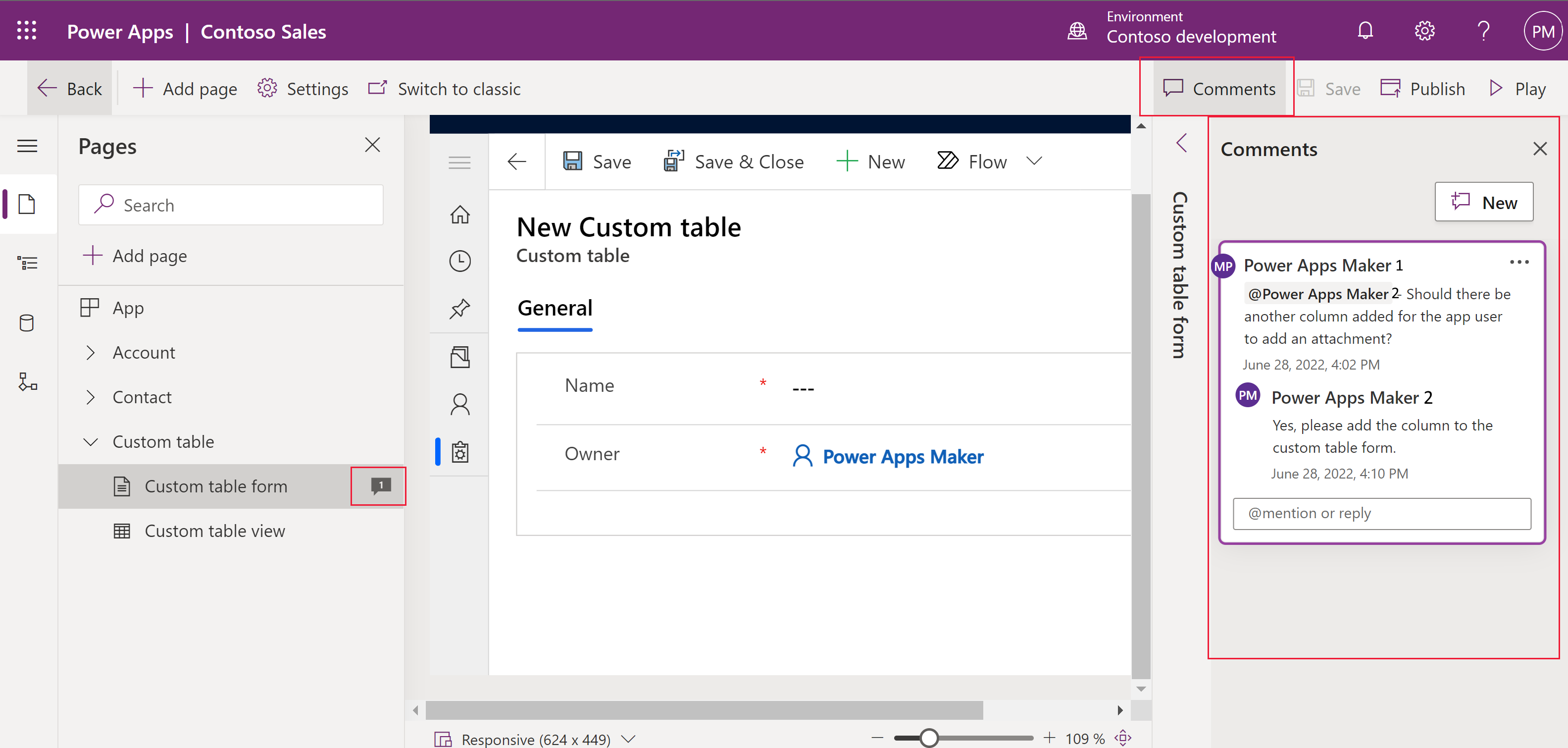 Funcionalidad de comentarios en el diseñador de aplicaciones