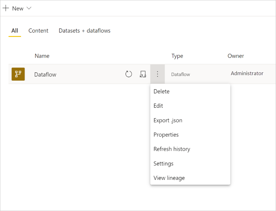 Captura de pantalla de la configuración desplegable de un flujo de datos de Power BI.