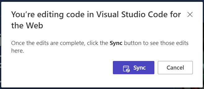 Interfaz que permite al usuario seleccionar el botón Sincronizar para sincronizar los cambios realizados en Visual Studio Code con el estudio de diseño.