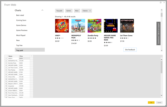 Captura de pantalla del cuadro de diálogo Obtener datos de la web por ejemplo en Power Query.