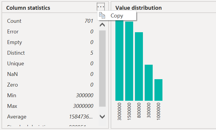 Screenshot of the copy shortcut menu in the column statistics column.