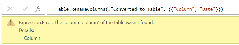 Captura de pantalla de un error a nivel de paso donde no se encontró una columna.