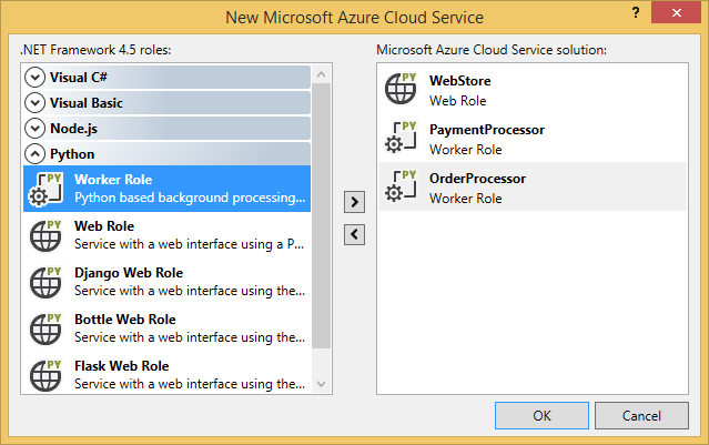 Cuadro de diálogo del servicio en la nube de Azure