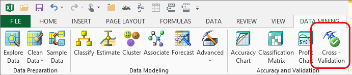 Botón Validación cruzada, cinta de opciones Minería de datos