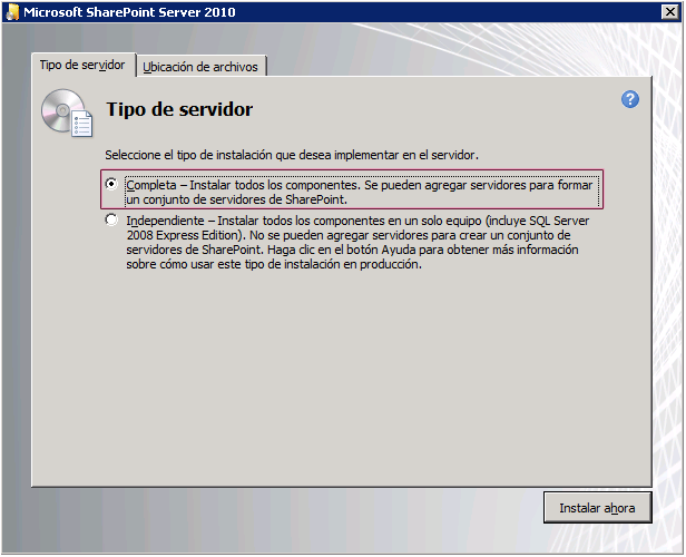 Cuadro de diálogo Tipo de servidor del programa de instalación de SharePoint