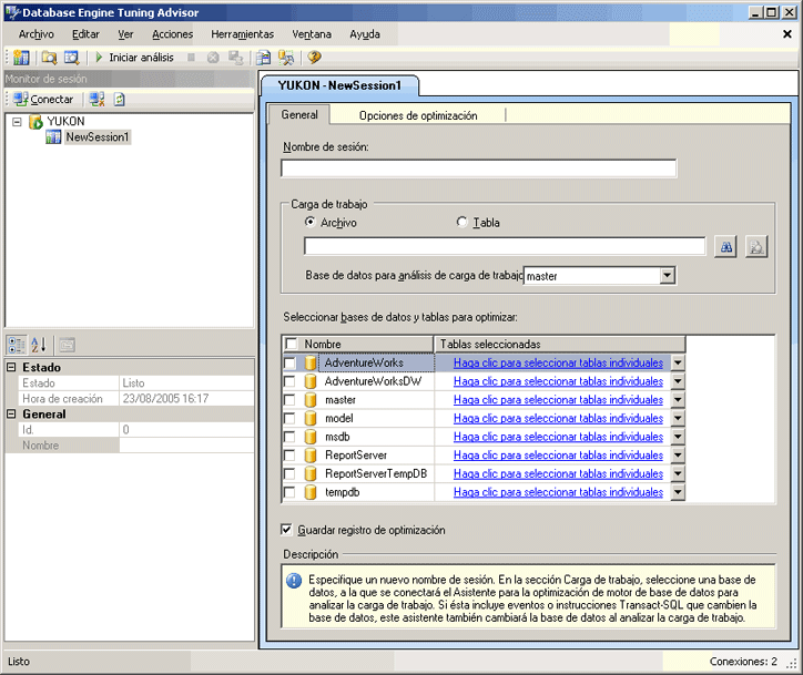 Ventana predeterminada del Asistente para la optimización de motor de base de datos