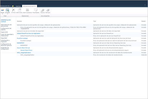 Captura de pantalla de la página de administración de aplicación de servicio