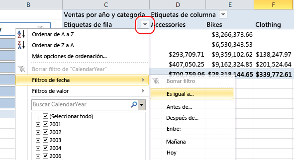 Lista de filtros de datos