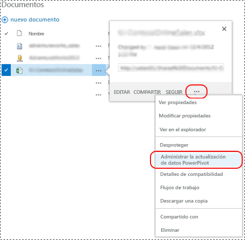 menú contextual administrar actualización de datos