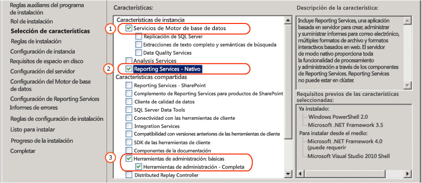 Selección del modo nativo de SSRS en Selección de características