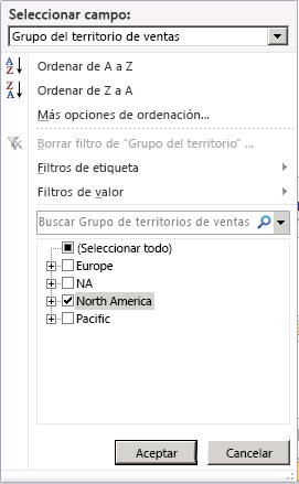 Panel Filtro para seleccionar North America