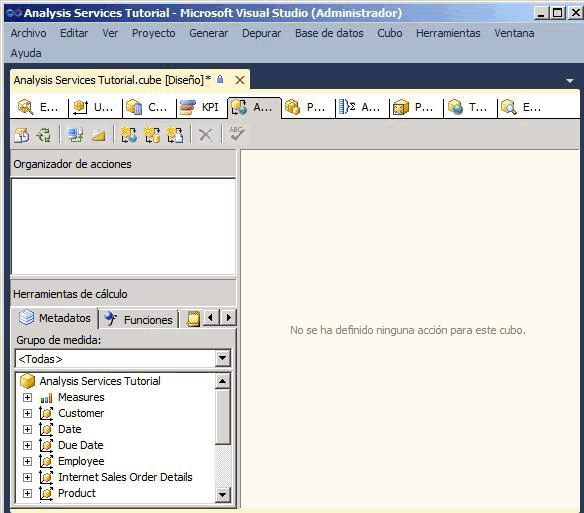 Pestaña Acciones del Diseñador de cubos