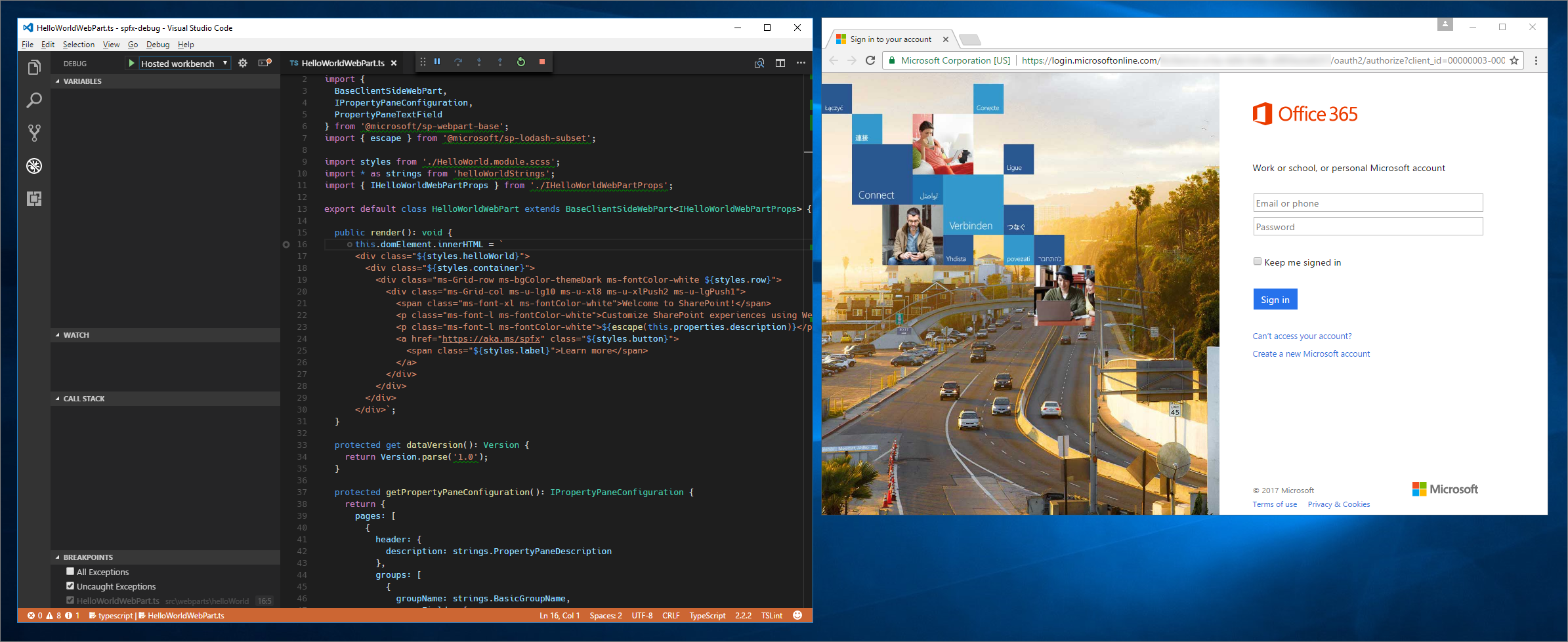 Página de inicio de sesión de Microsoft 365 mostrada en Google Chrome después de iniciar la depuración en el área de trabajo hospedada