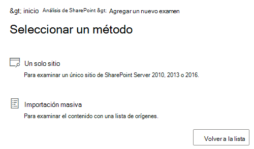 Seleccione un método de examen: único o masivo.