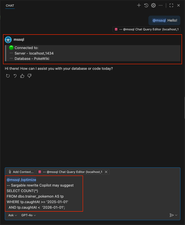 Captura de pantalla que muestra la sugerencia del comando /optimize slash para una consulta sargable.