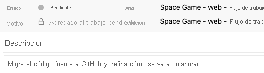 Captura de pantalla de Azure Boards en la que se muestran los detalles del elemento de trabajo para la incidencia Crear un flujo de trabajo basado en Git.