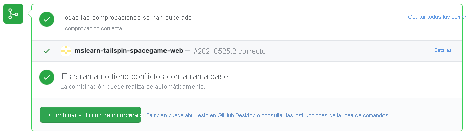 Captura de pantalla de GitHub en la que se muestran las comprobaciones de compilación correctas en Azure&nbsp;Pipelines.