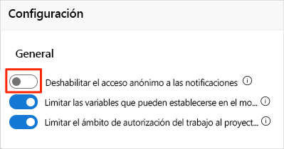 Captura de pantalla de Azure&nbsp;DevOps en la que se muestra cómo deshabilitar el acceso anónimo a las notificaciones.