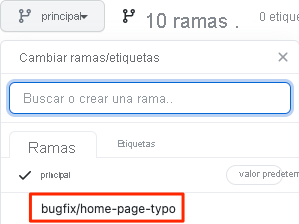 Captura de pantalla de GitHub que muestra la rama insertada recientemente.