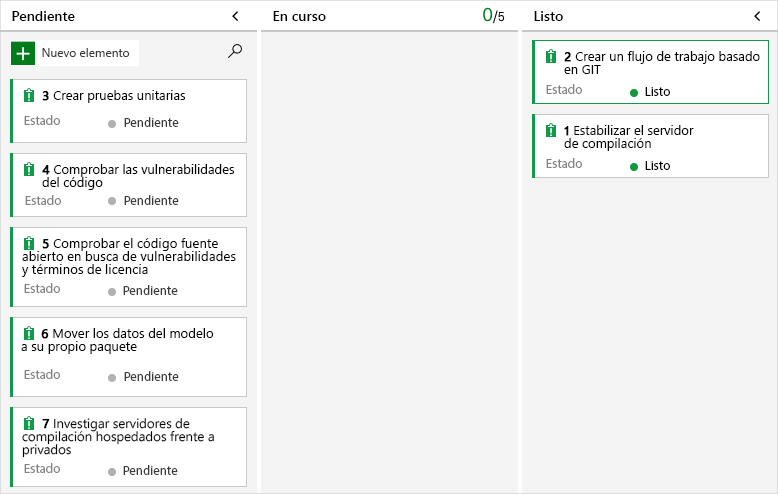 Captura de pantalla de Azure&nbsp;Boards en la que se muestra el elemento de trabajo en la columna Listo.