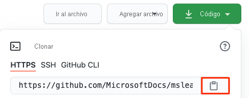 Captura de pantalla que muestra la dirección URL y el botón copiar del repositorio de GitHub.