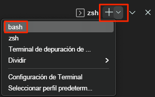 Captura de pantalla de Visual Studio Code en la que se muestra la ubicación del shell de Bash.