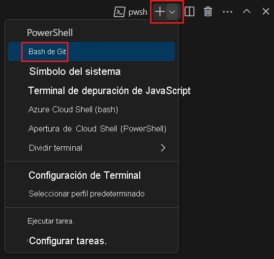 Captura de pantalla de Visual Studio Code que muestra la ubicación del shell de Git Bash.