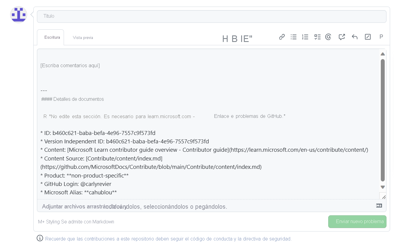 Recorte de pantalla de un formulario de problemas de GitHub en blanco para enviar comentarios sobre un artículo de documentación.