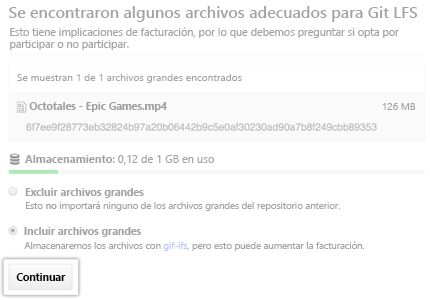 Captura de pantalla de los archivos adecuados para el importador de Almacenamiento de archivos grandes de Git.