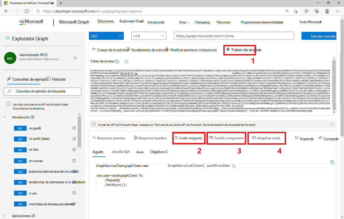 Captura de pantalla que muestra cómo consumir Microsoft Graph en sus aplicaciones con la ayuda del Explorador de gráficos.