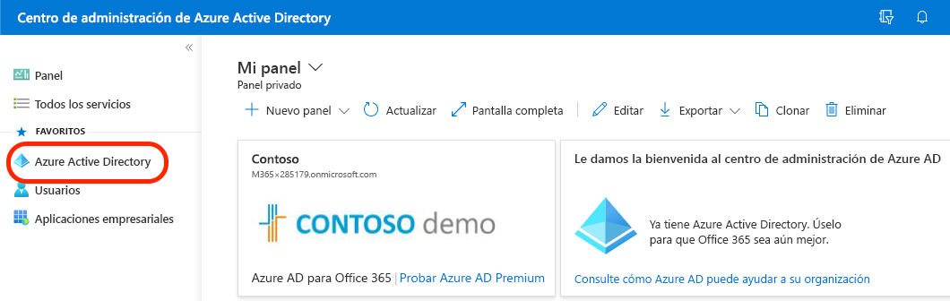 Captura de pantalla que muestra la selección de Microsoft Entra en el Azure Portal.