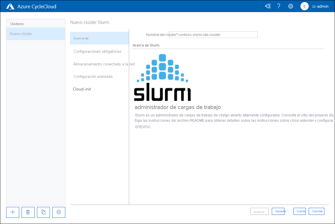 Captura de pantalla que muestra la pestaña Acerca de la página Nuevo clúster de Slurm de la aplicación web Azure CycleCloud.
